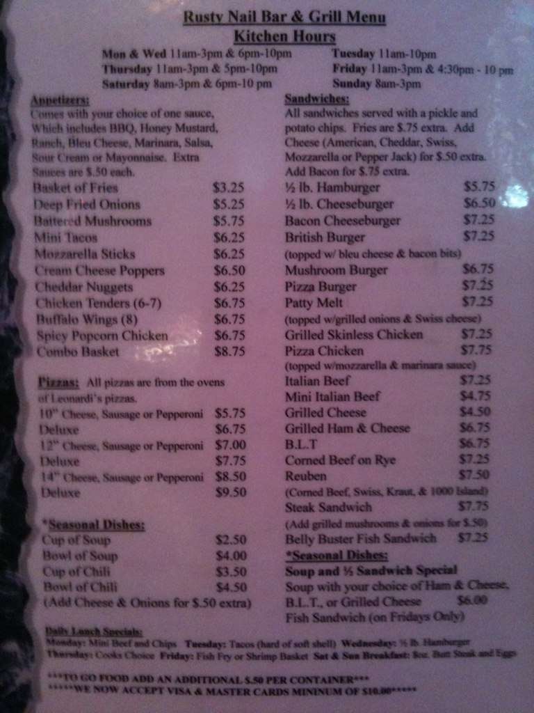Menu at Rusty Nail Saloon pub & bar, Ringwood