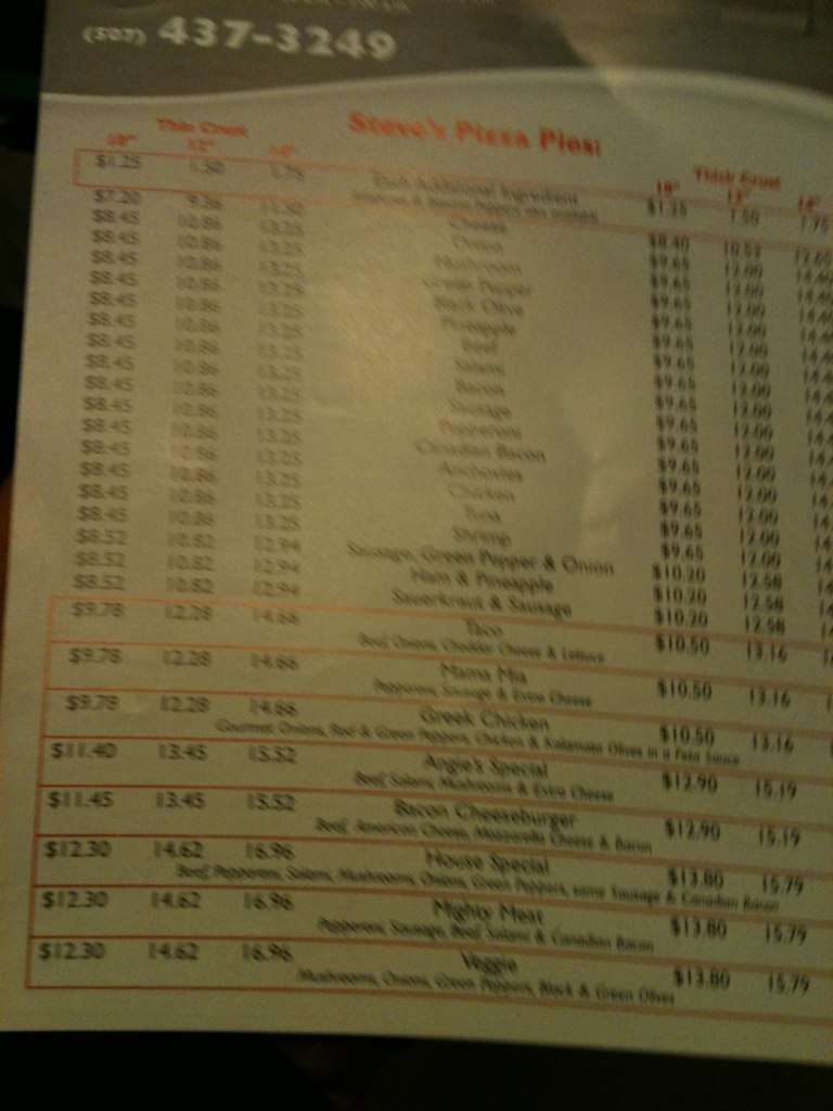Steve's Pizza Menu, Menu for Steve's Pizza, Austin, Austin Urbanspoon