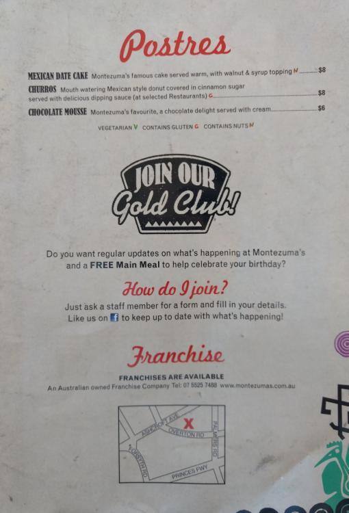 Montezuma's Menu, Menu for Montezuma's, Hoppers Crossing, Melbourne