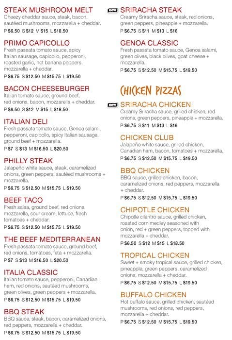 Panago Pizza menu