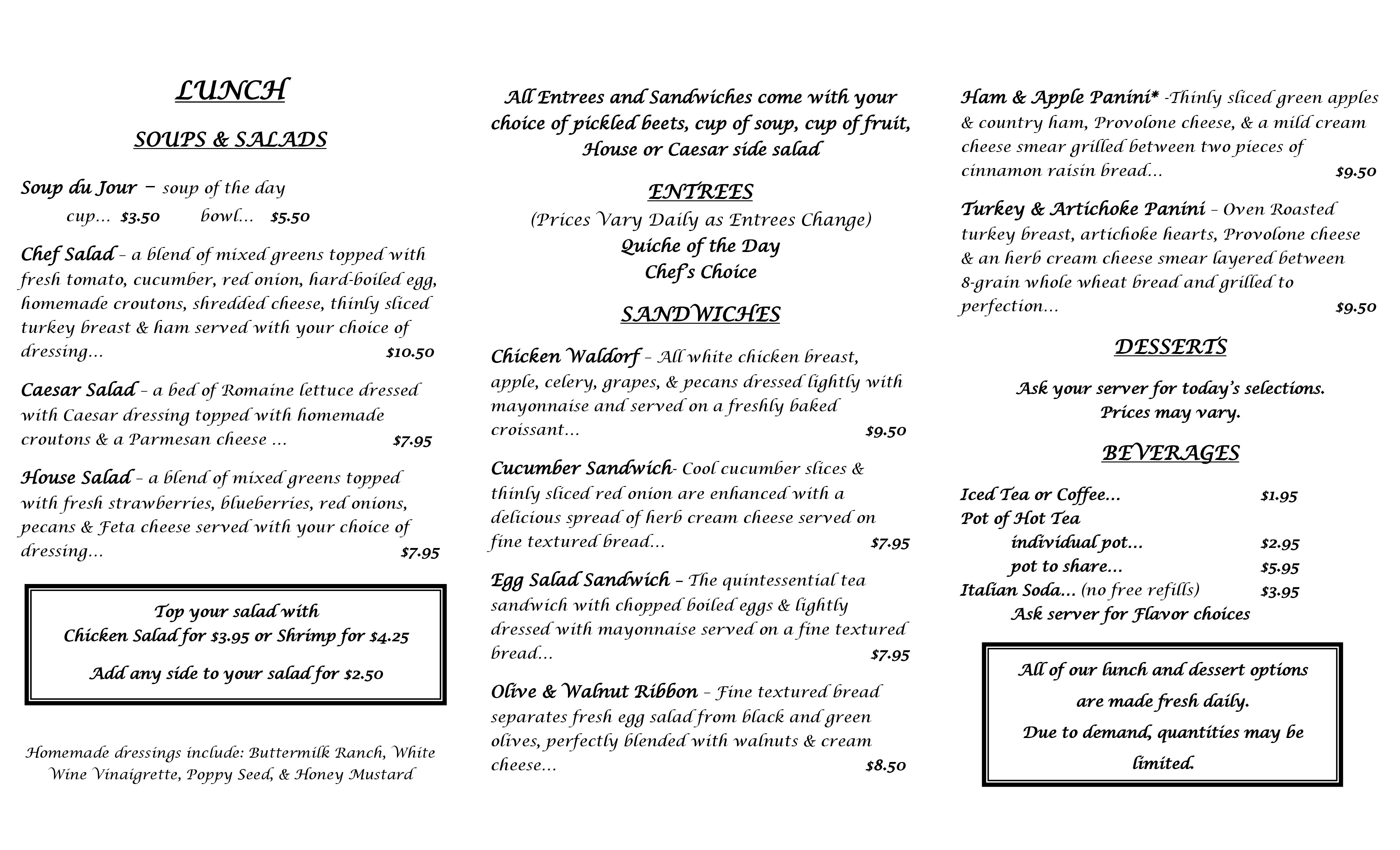 Menu at Greenwood Country Tearoom restaurant, Greenwood