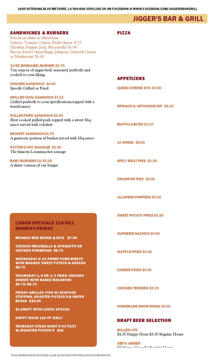 Menu at Jiggers Grill pub & bar, Metairie