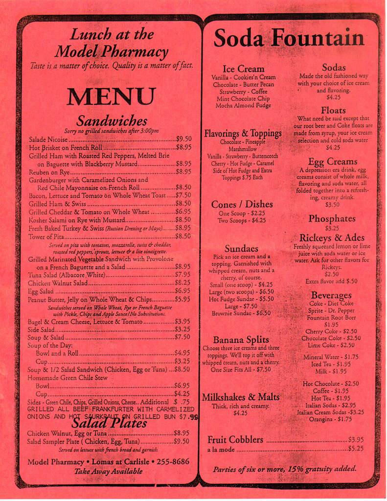 Menu at Model Pharmacy cafe, Albuquerque