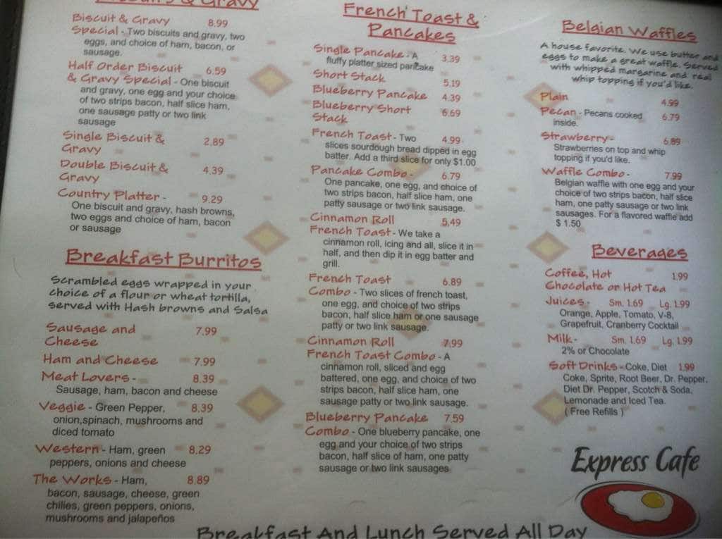 Menu at Express Cafe, Meridian