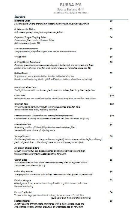 Bubba P S Grill And Sports Bar Menu Urbanspoon Zomato Bubba P S Grill And Sports Bar Menu