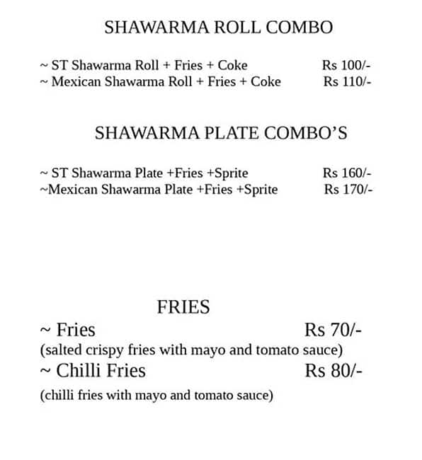 Menu of Shawarma Time, Sankey Road, Bangalore