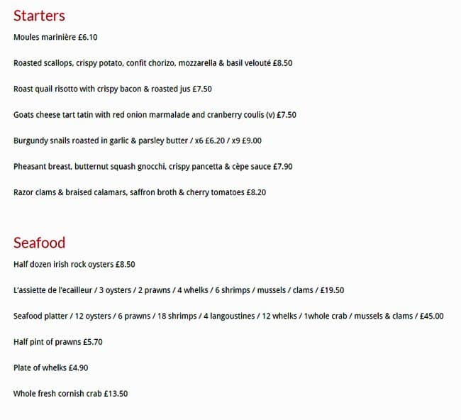La Rascasse menu