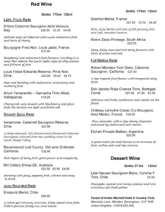 Menu at Oaks Bar & Grill Forest Of Arden, Birmingham