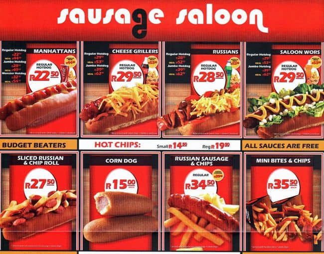 Sausage Saloon menu, Menu restauracji Sausage Saloon, Hillcrest, Durban