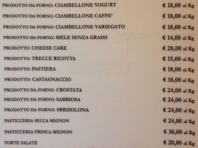 Menu di Panificio Betlemme Milano 