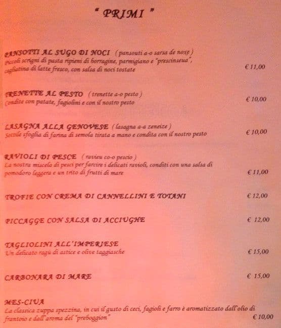 Menu di Osteria di via Pre 