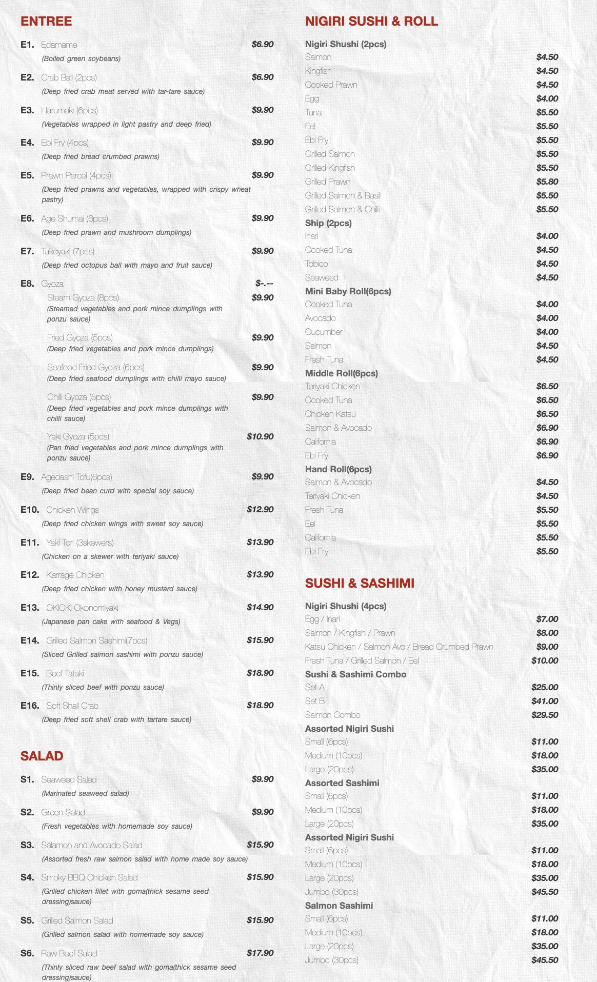 Menu at Oki Oki restaurant, Hornsby