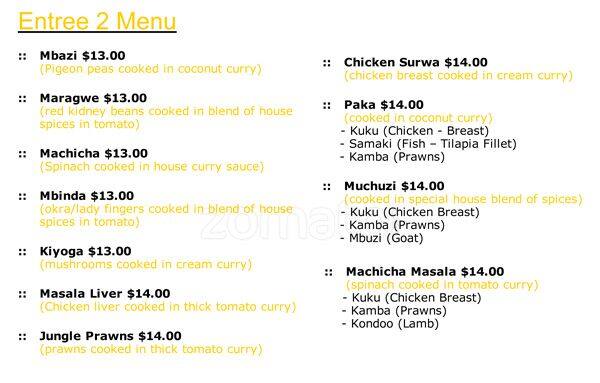 Simba's Grill menu