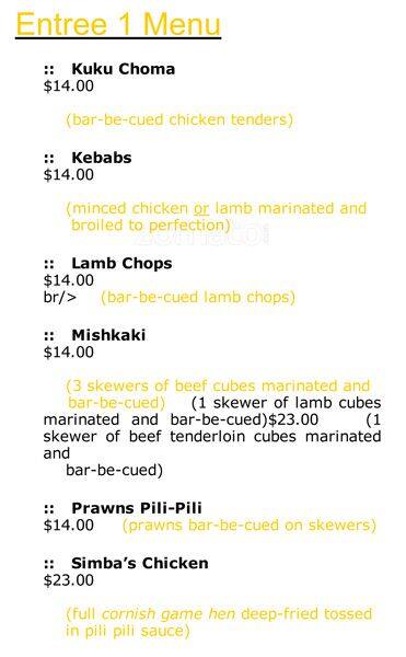 Simba's Grill menu