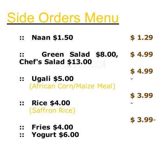 Simba's Grill menu