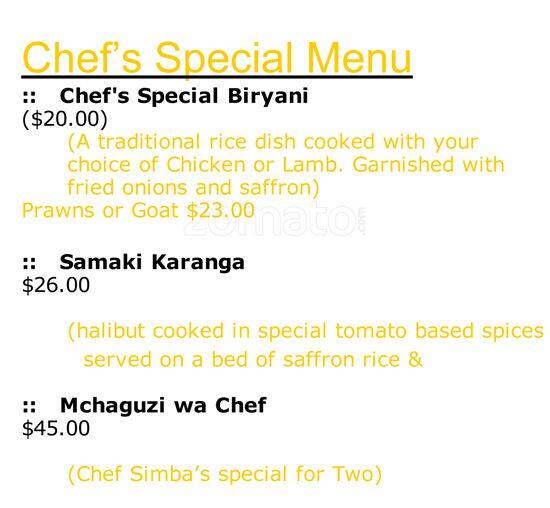 Simba's Grill menu