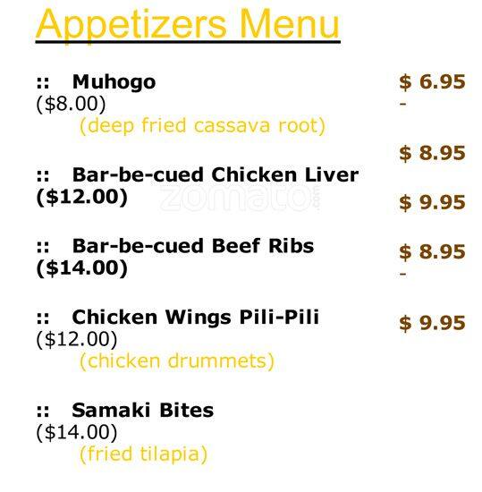 Simba's Grill menu