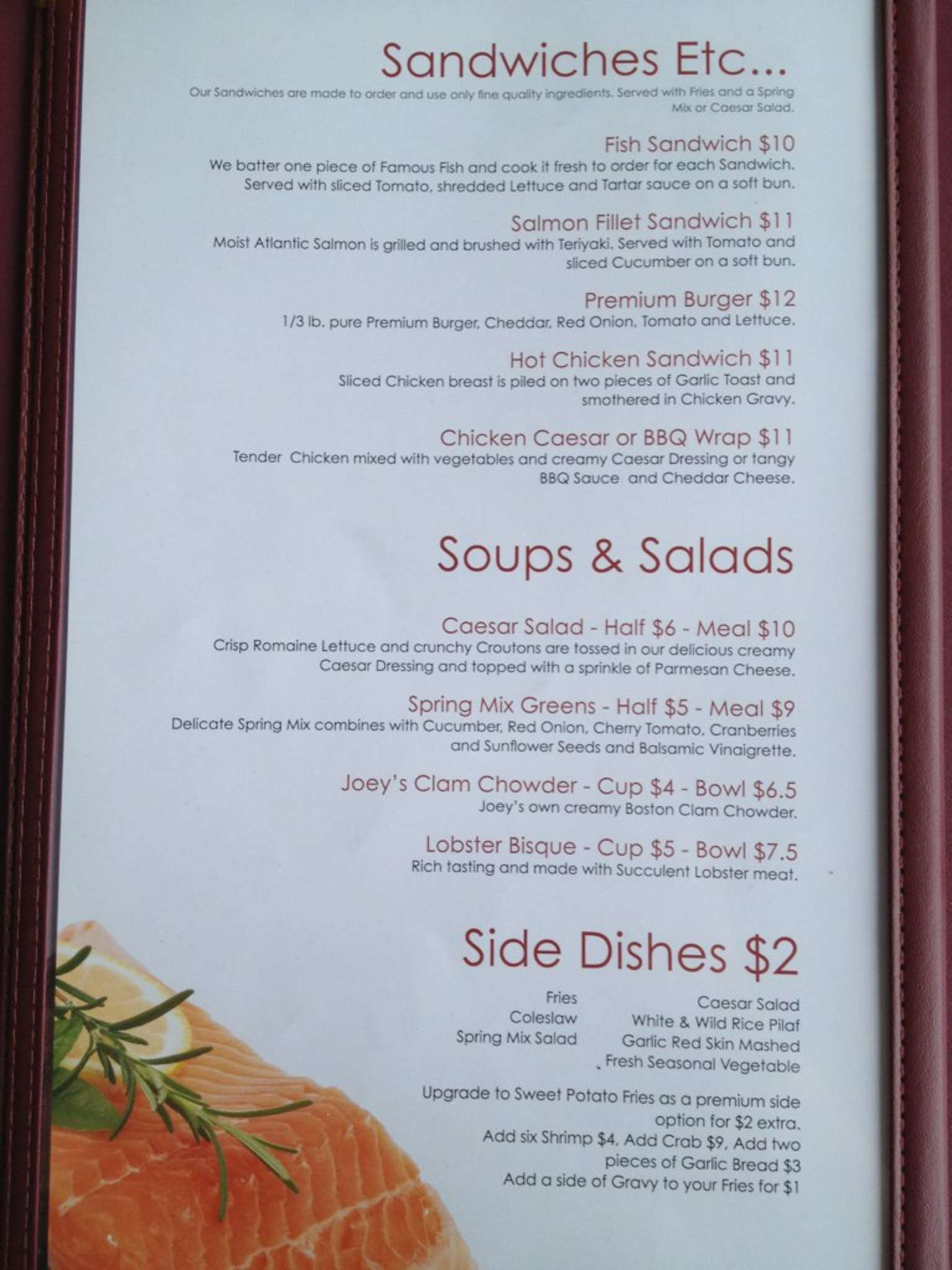 Menu at Joey's Fish Shack restaurant, Regina
