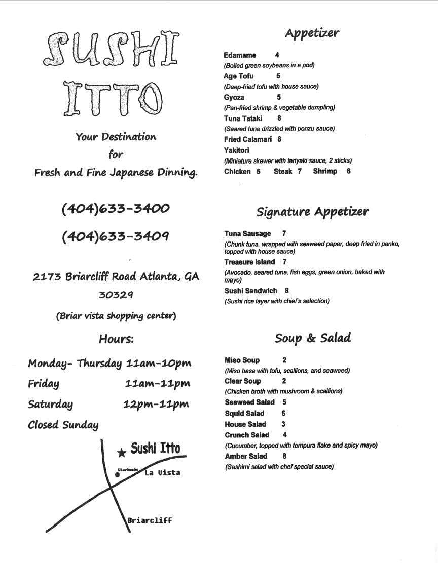Menu at Sushi Itto restaurant, Atlanta