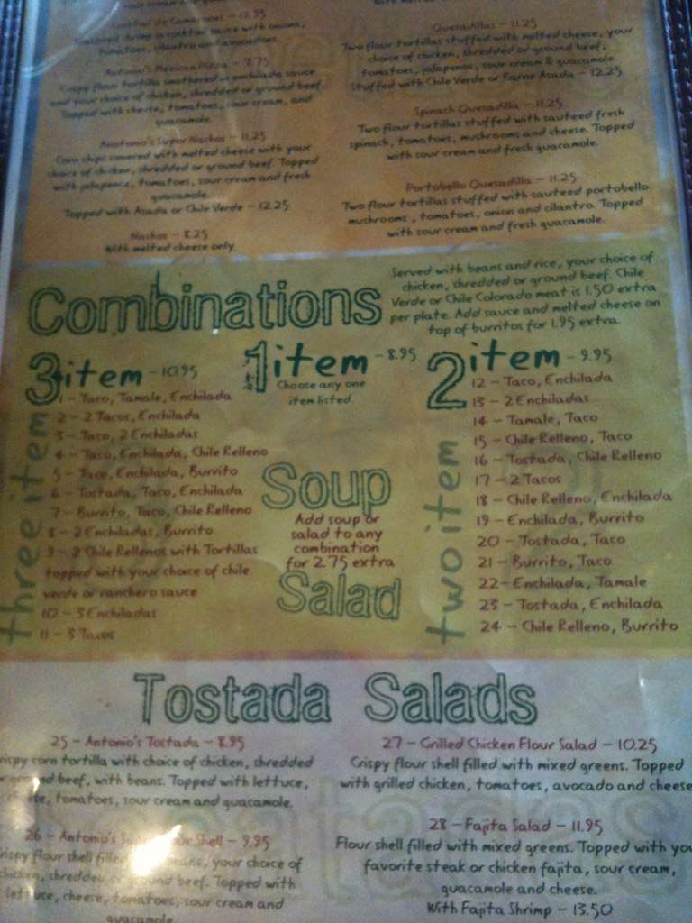 Menu at Antonio's Mexican restaurant, Fresno