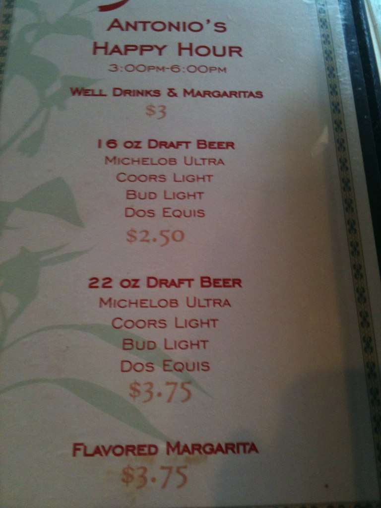 Menu at Antonio's Mexican restaurant, Fresno