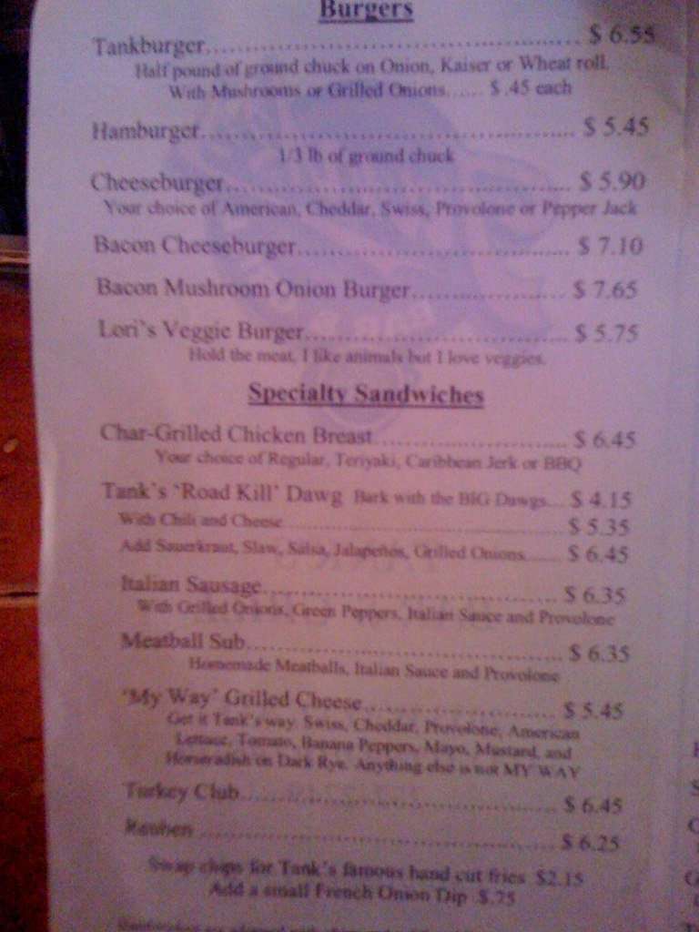 Tank's Bar & Grill Menu Urbanspoon/Zomato