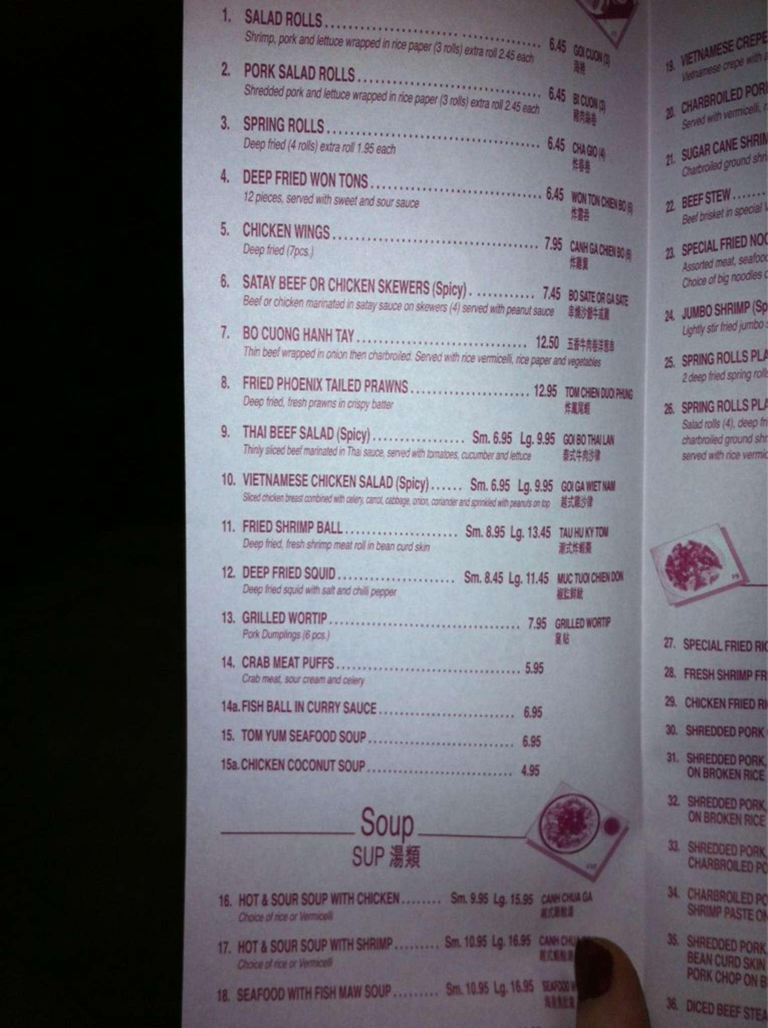 Menu at Spring Rolls restaurant, Lethbridge