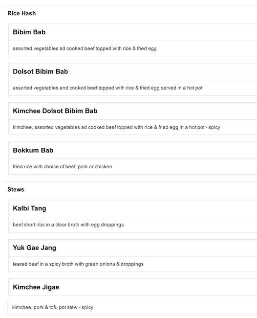 Menu at Korea House BBQ, Houston