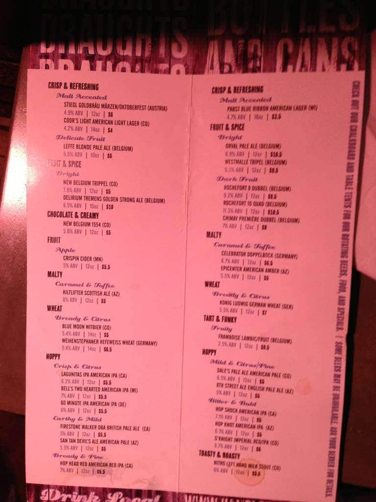 The Handlebar Tempe Menu, Menu for The Handlebar Tempe, Tempe, Tempe