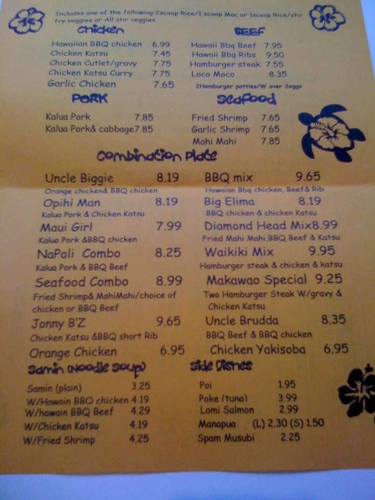 Menu at Hawaiian Kine BarBQ, Hillsboro