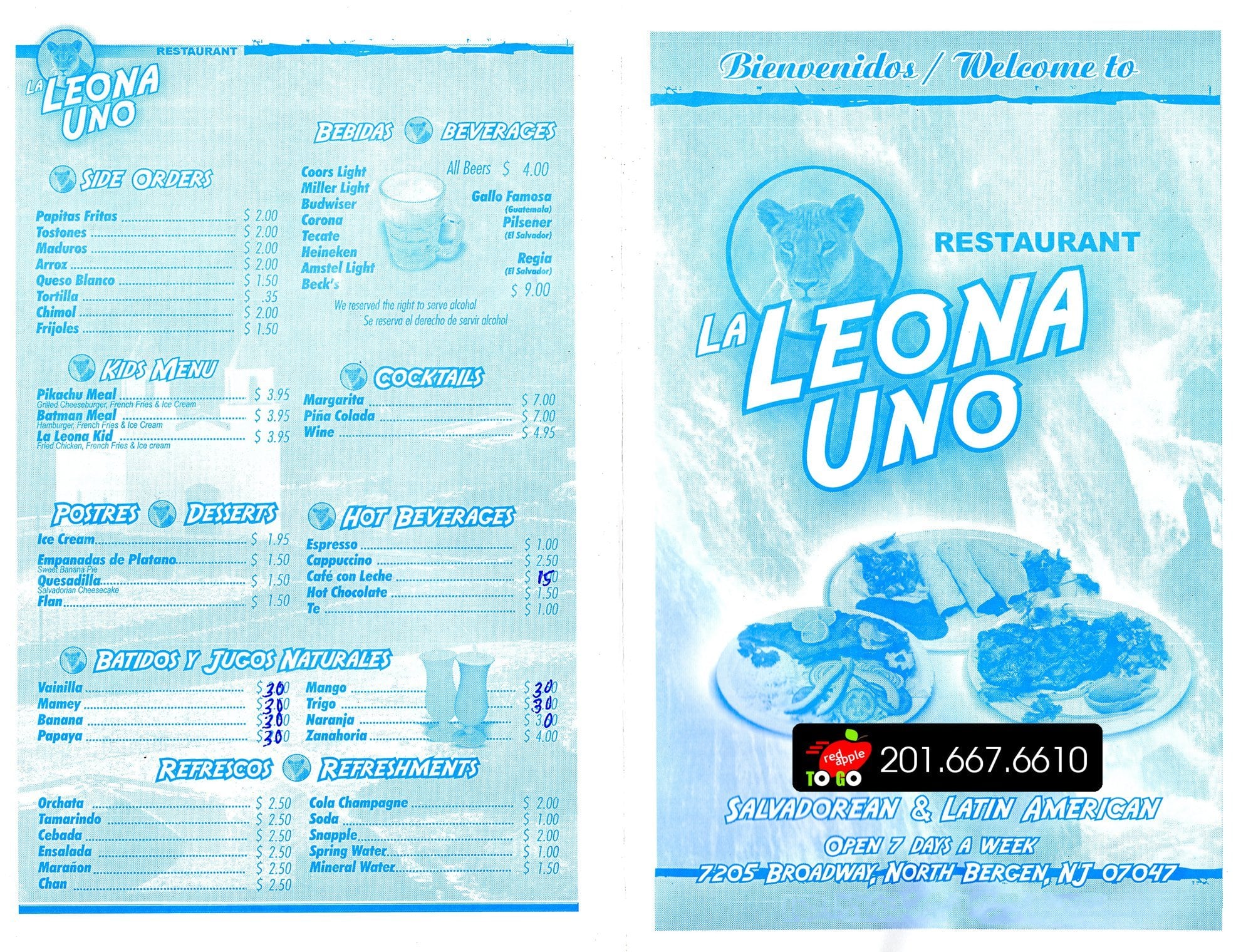 Menu at La Leona Uno pub & bar, North Bergen