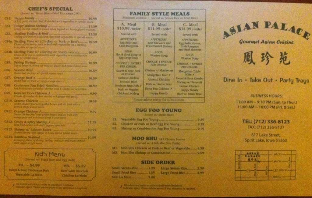 Asian Palace Menü, Asian Palace, Spirit Lake, Spirit Lake için Menü