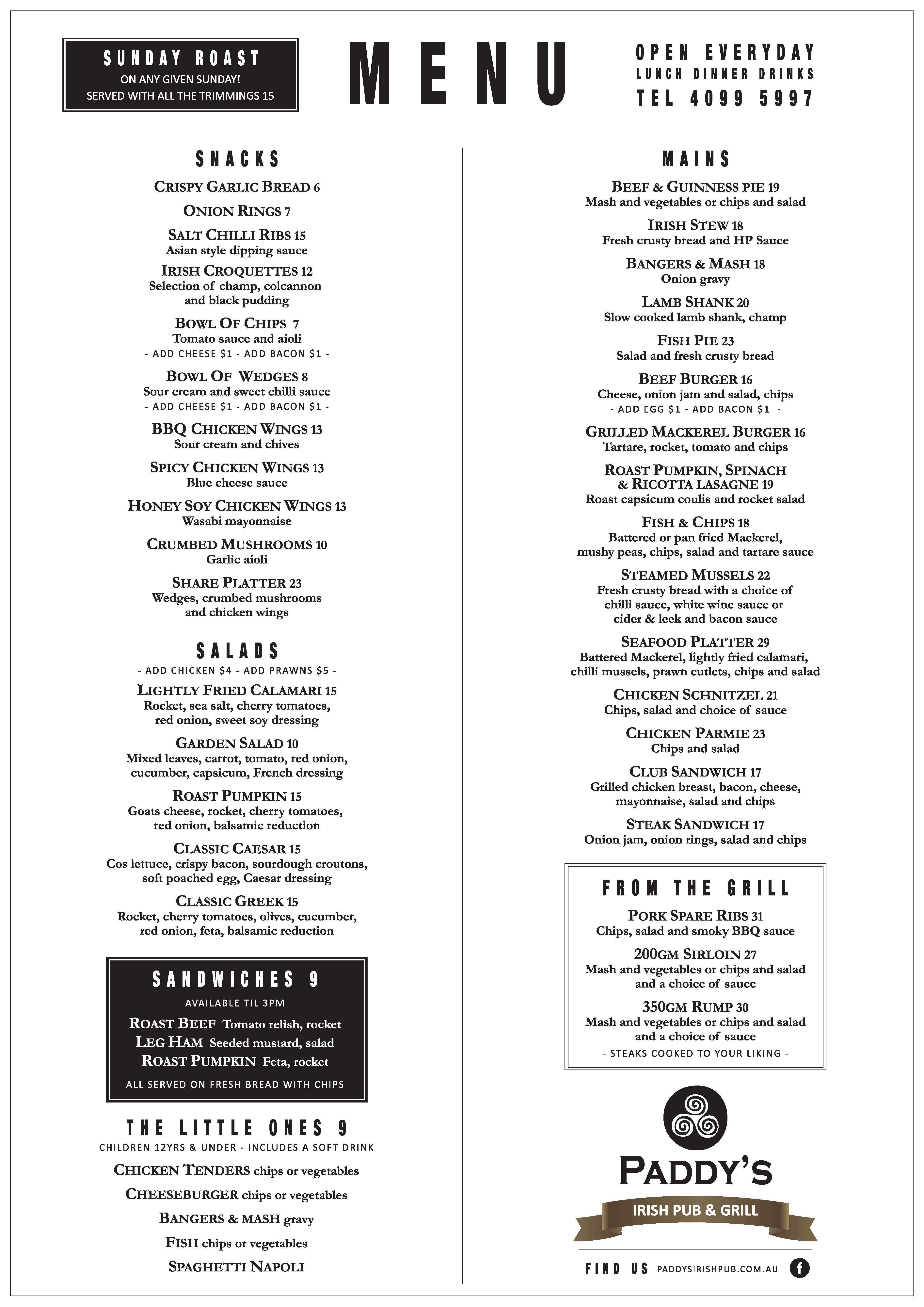 Menu at Paddy's pub & bar, Port Douglas