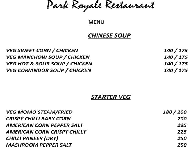 Menu of Park Royale Restaurant, Park Circus Area, Kolkata