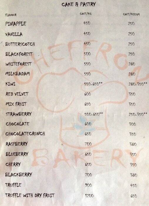 Cheffron Bakery Menu, Menu for Cheffron Bakery, Najafgarh, New Delhi