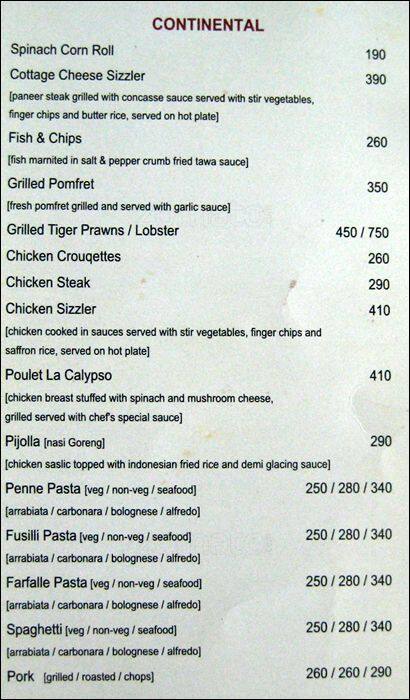 La Calypso menu