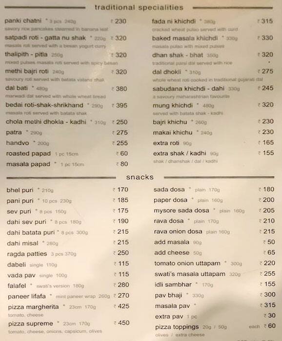 Swati Snacks menu