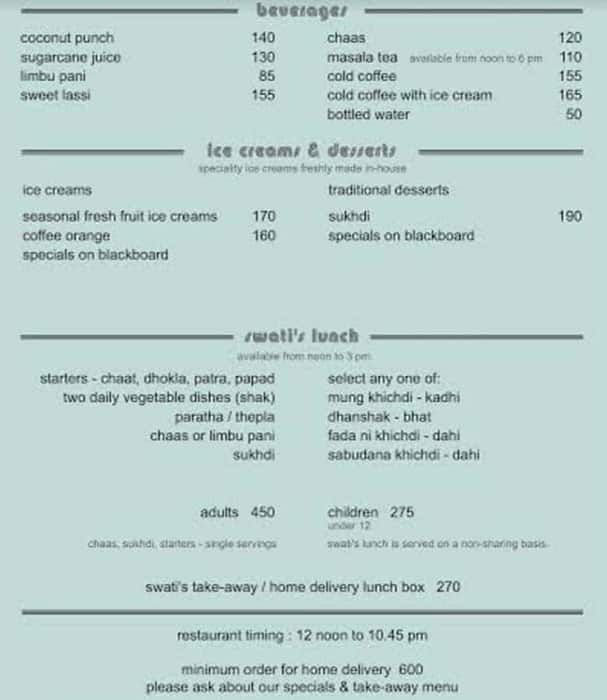Swati Snacks menu