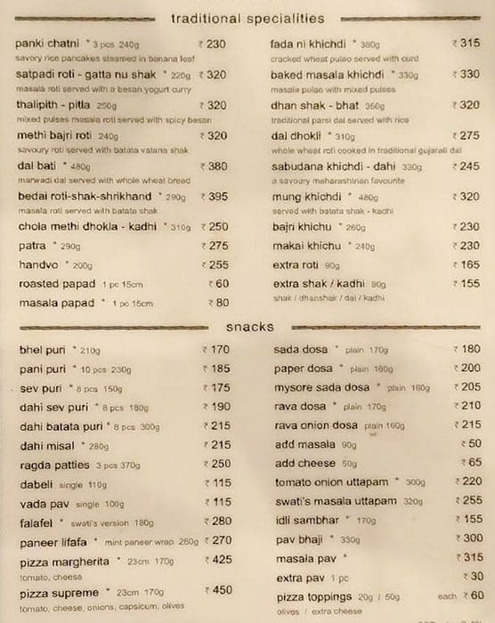 Swati Snacks menu