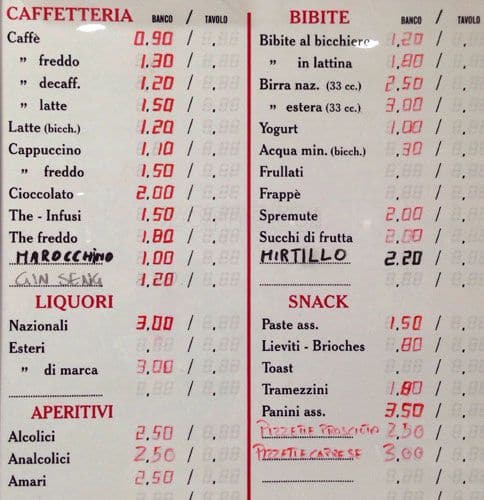 Menu di Bar Corradi - Luggage storage 