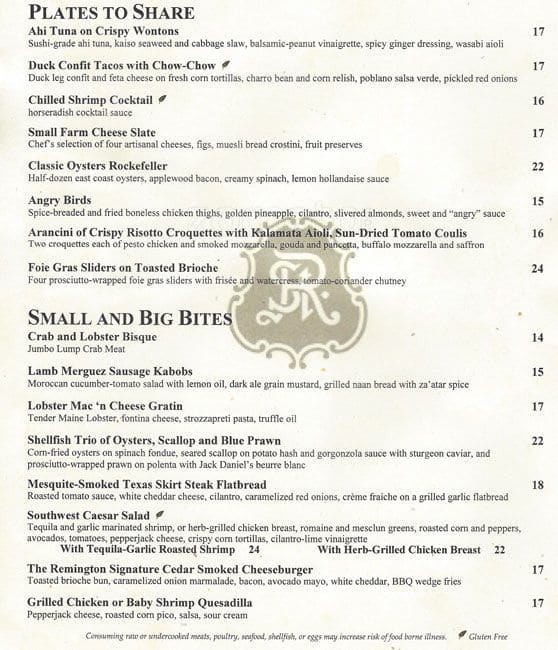 Menu at The Remington Restaurant, Houston