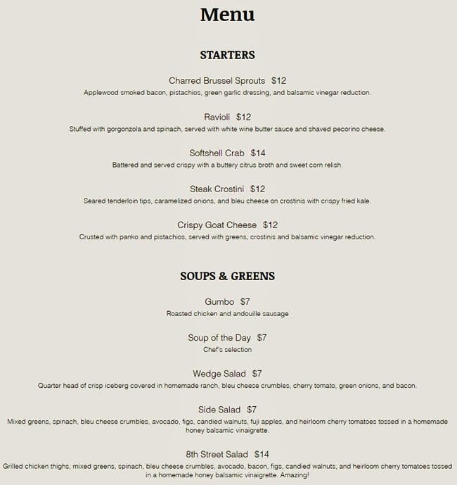 Eats on 8th Menu, Menu for Eats on 8th,