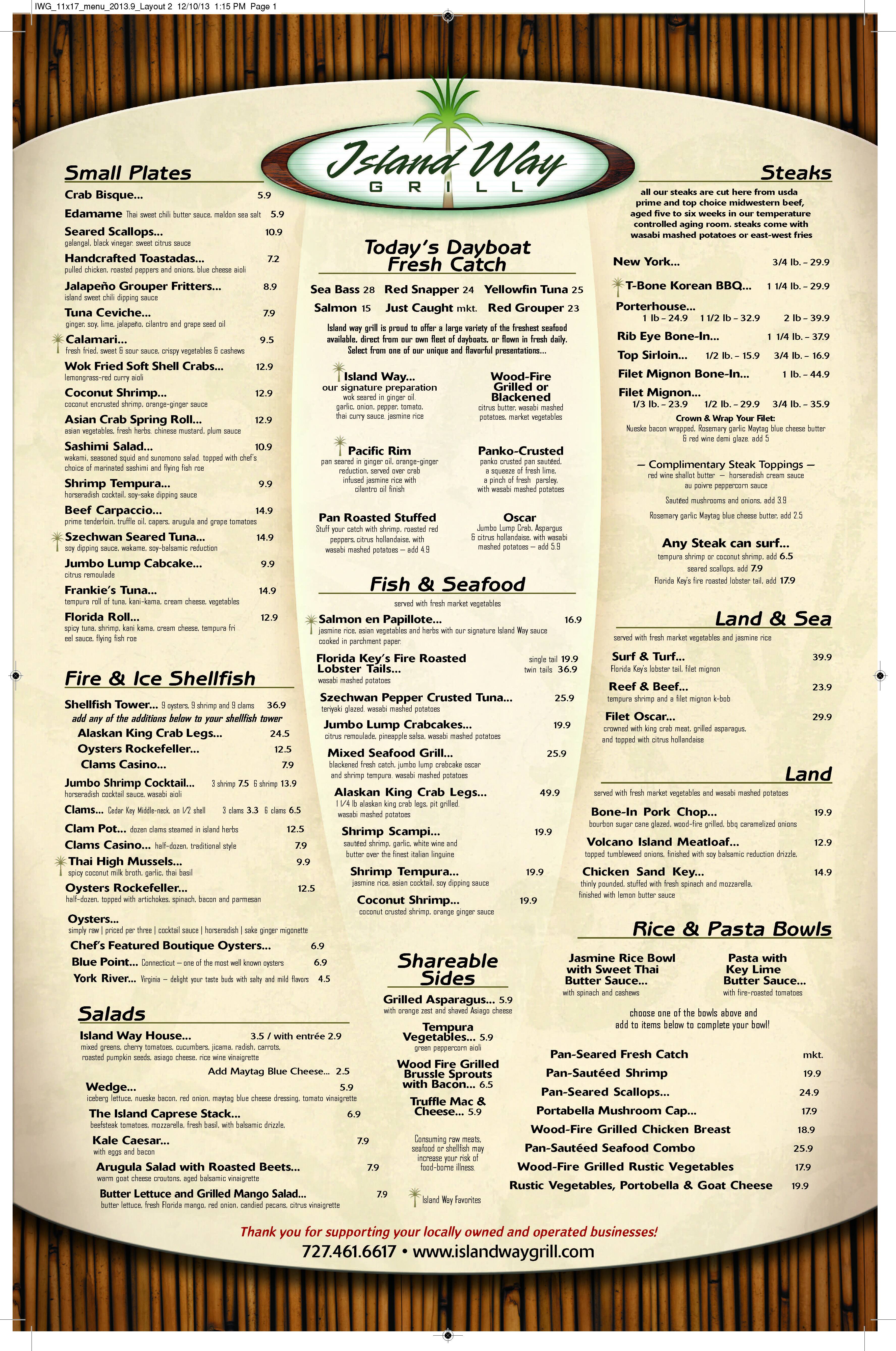 Menu at Island Way Grill restaurant, Clearwater, 20 Island Way