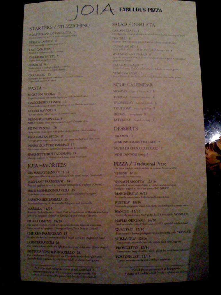 Joia Fabulous Pizza & Martini Lounge Menu Urbanspoon/Zomato