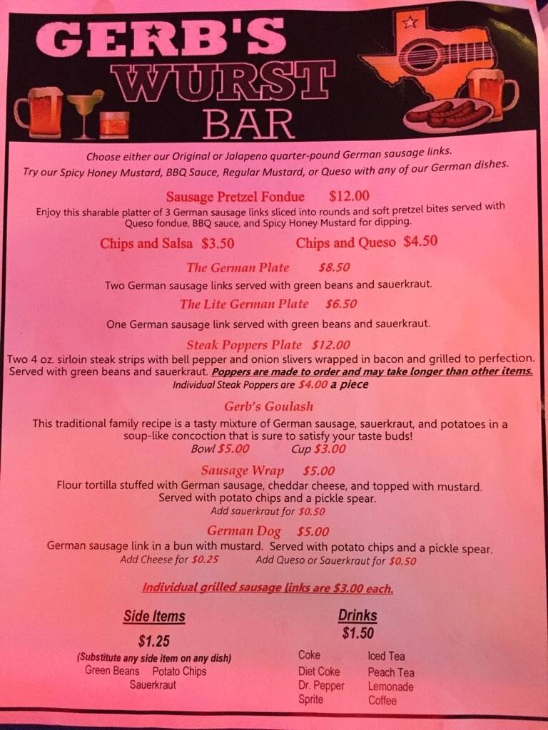 Gerb's Wurst Bar Menu, Menu for Gerb's Wurst Bar, Amarillo, Amarillo Urbanspoon/Zomato