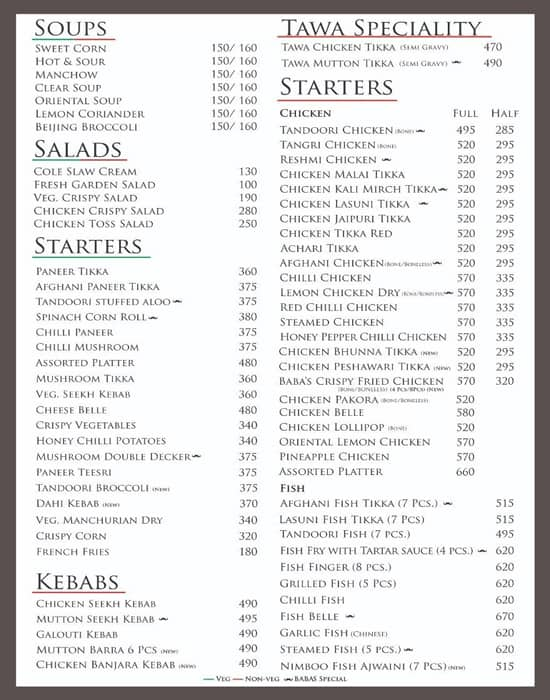 Menu of Baba's, DLF Cyber City, Gurgaon