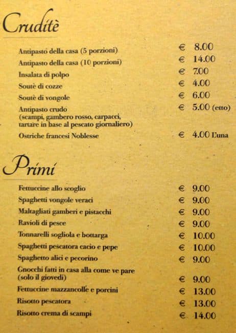 Menu at Il Porticciolo restaurant, Rome