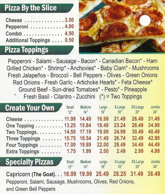 Pizza Joint menu, Menu restauracji Pizza Joint, Outer Richmond, San