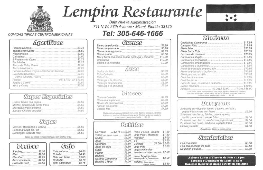 Menu at Lempira Restaurant, Miami