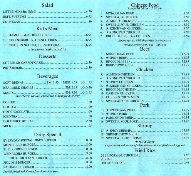Menu at Burger Jim restaurant, Anchorage, 704 E 4th Ave